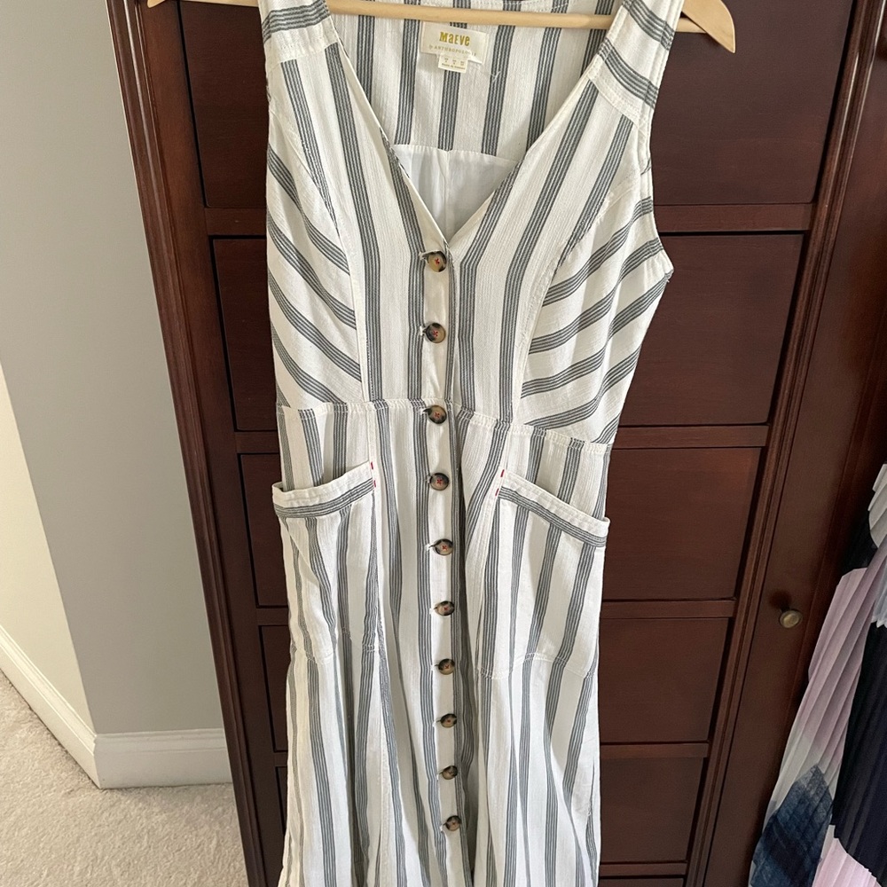 Maeve White and Gray Striped Button-Front Sundress